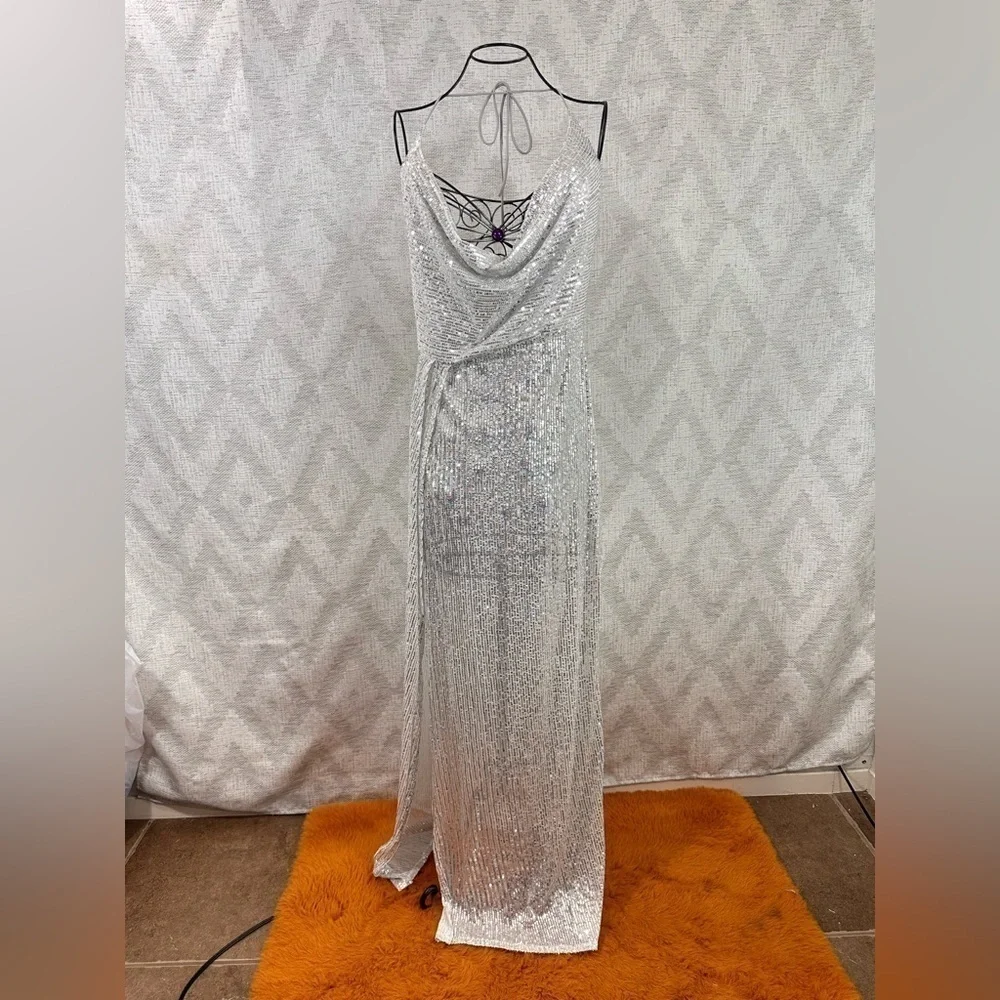 Lucy in the Sky Kaira cowl neck silver sequin maxi dress with leg slit size L